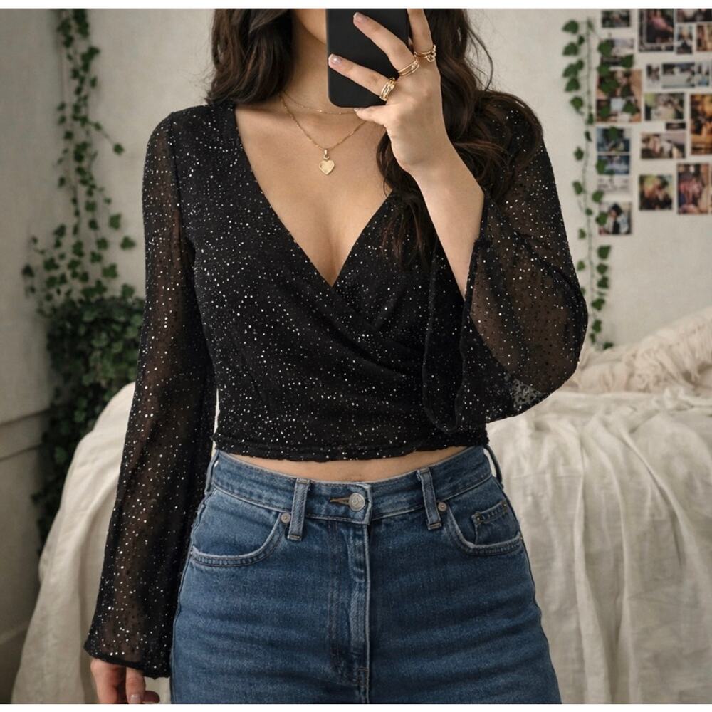Y2K Black Sparkle Wrap Top Cropped Sheer Bell Sleeve Goth S